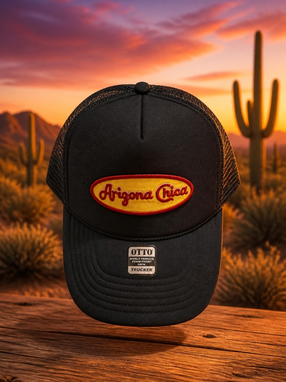 OTTO Black Trucker Cap with Yellow and Red Arizona Patch Reads " Arizona Chica"